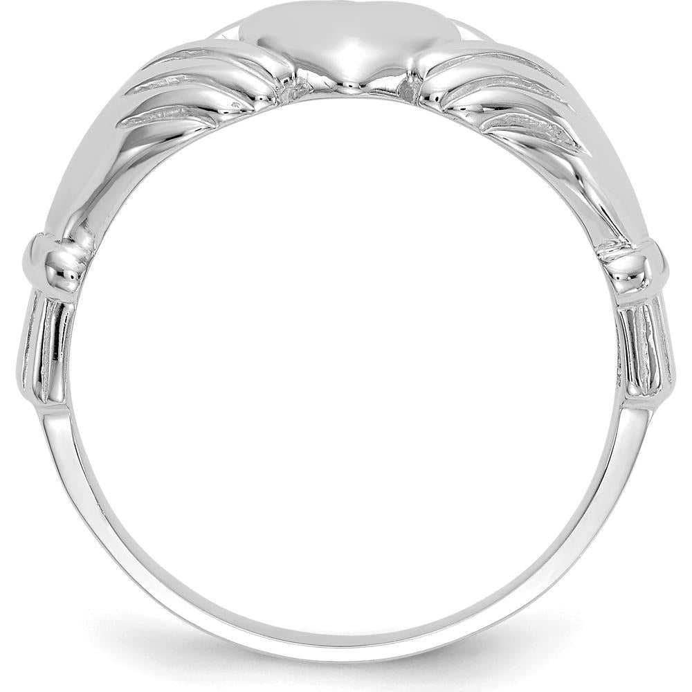 14K White Gold Men's Claddagh Ring with Textured Band and Rhodium Plating by Oro Pregiato