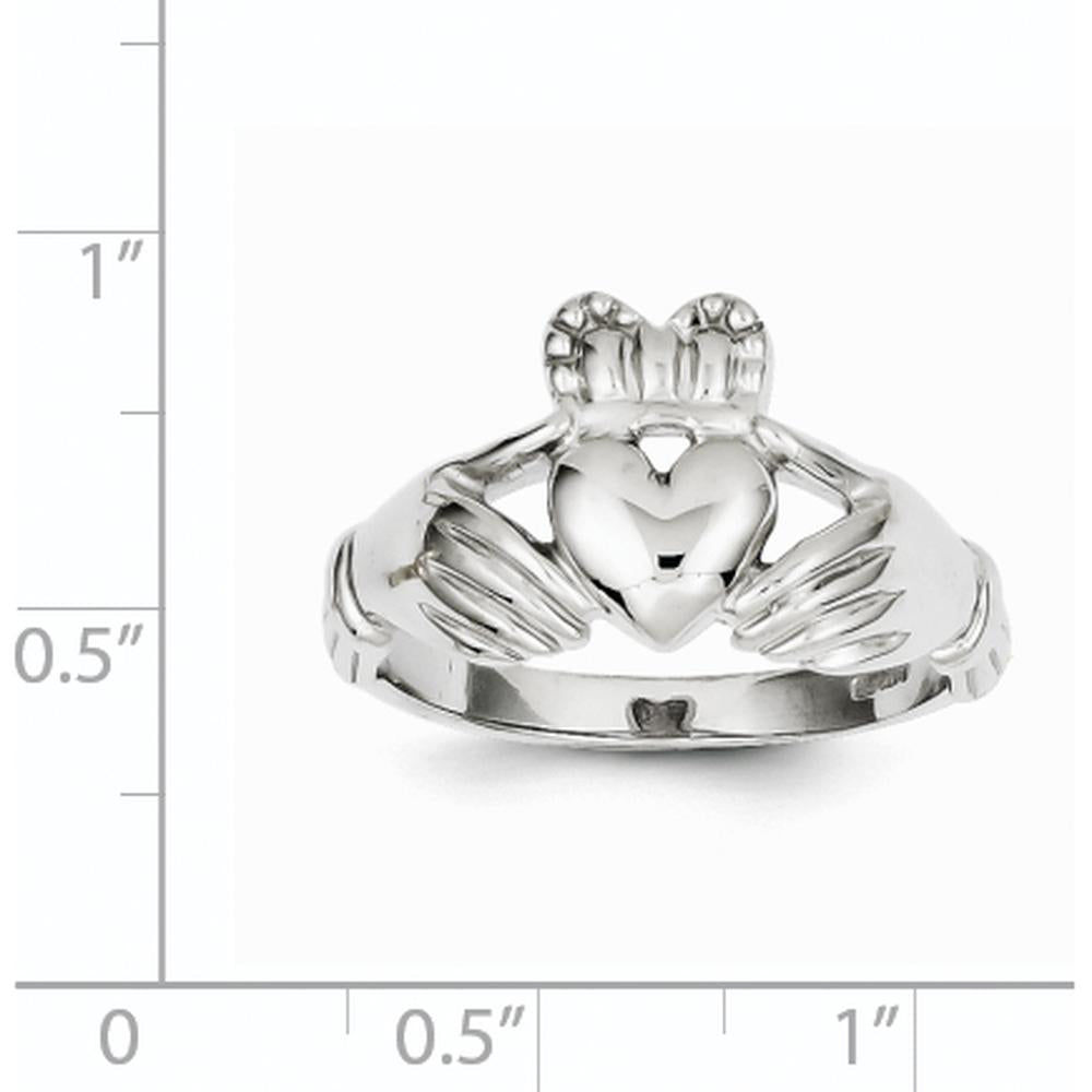14K White Gold Men's Claddagh Ring with Textured Band and Rhodium Plating by Oro Pregiato