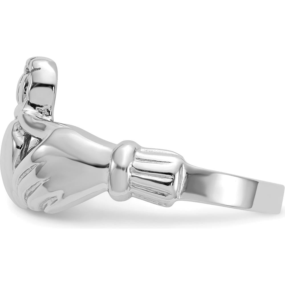14K White Gold Men's Claddagh Ring with Textured Band and Rhodium Plating by Oro Pregiato