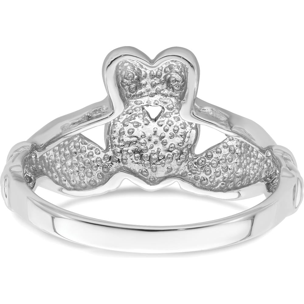 14K White Gold Men's Claddagh Ring with Textured Band and Rhodium Plating by Oro Pregiato