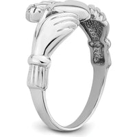 14K White Gold Men's Claddagh Ring with Textured Band and Rhodium Plating by Oro Pregiato