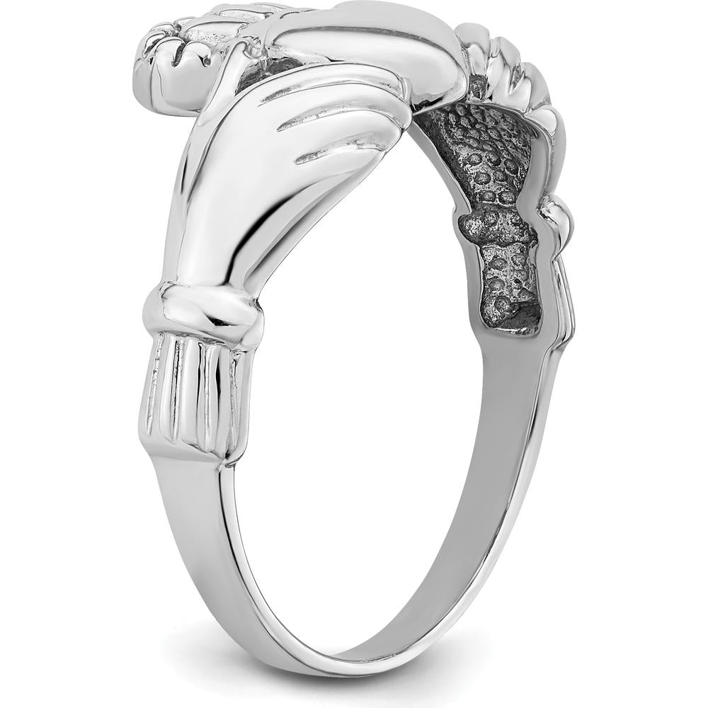 14K White Gold Men's Claddagh Ring with Textured Band and Rhodium Plating by Oro Pregiato