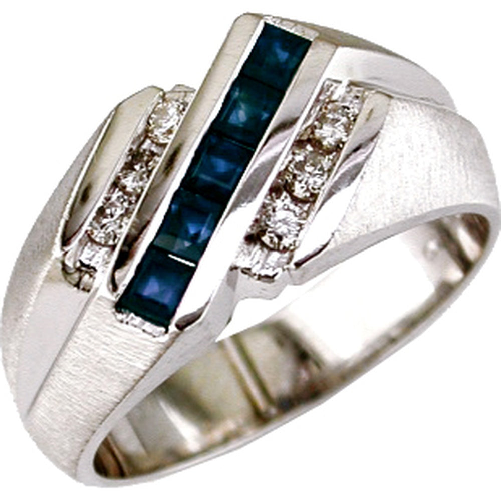 14K White Gold Men's Contemporary Ring with Princess-Cut Sapphires and Round Diamond Accents - 0.85 Carat Sapphire and 0.24 Carat Diamond Total Weight - Royal Jewelry