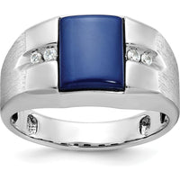 14K White Gold Men's Created Blue Star Sapphire and Diamond Satin Finish Ring - 1/15 Carat Total Diamond Weight by IBGoodman