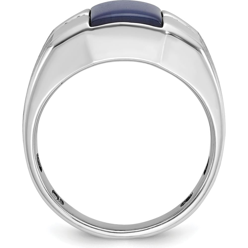 14K White Gold Men's Created Blue Star Sapphire and Diamond Satin Finish Ring - 1/15 Carat Total Diamond Weight by IBGoodman