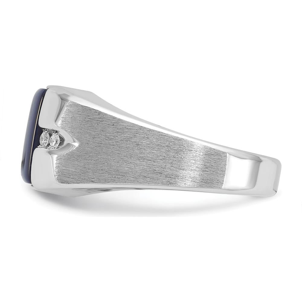 14K White Gold Men's Created Blue Star Sapphire and Diamond Satin Finish Ring - 1/15 Carat Total Diamond Weight by IBGoodman