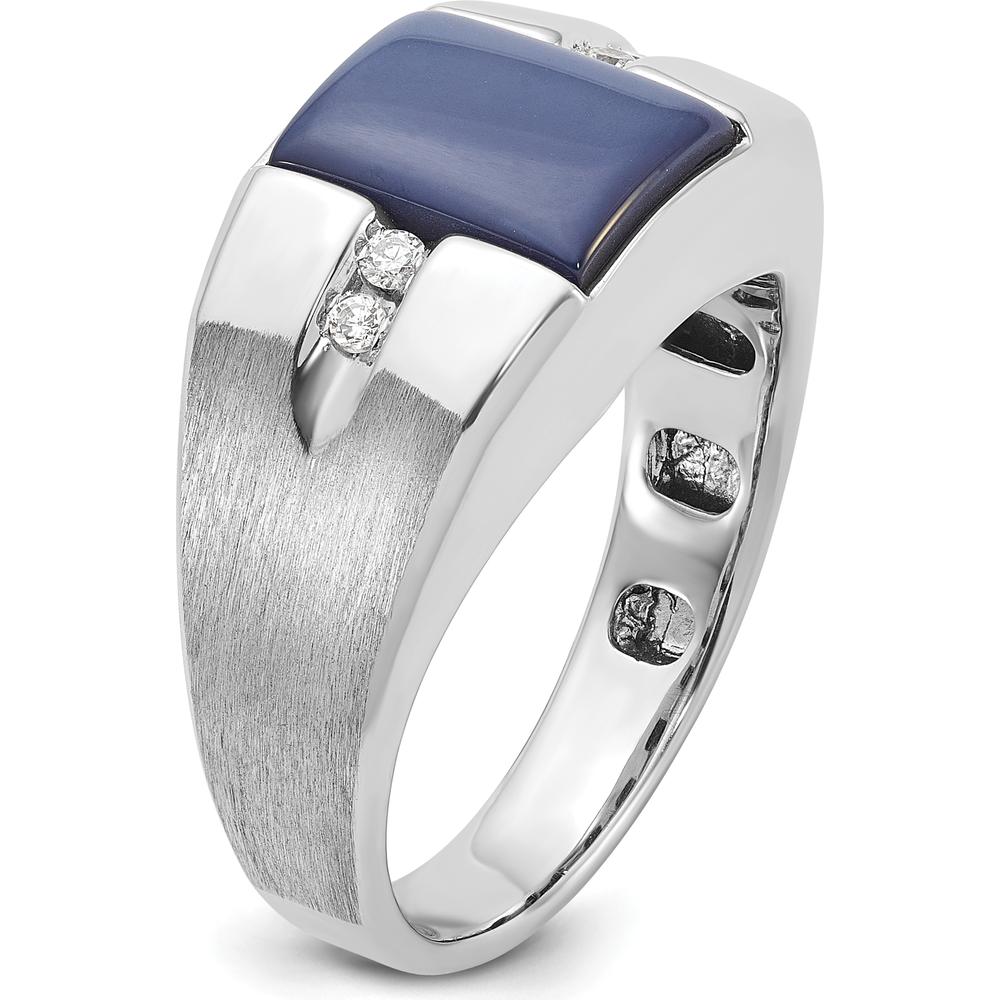 14K White Gold Men's Created Blue Star Sapphire and Diamond Satin Finish Ring - 1/15 Carat Total Diamond Weight by IBGoodman