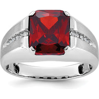 14K White Gold Men's Created Garnet and Diamond Ring - 1/10 Carats Diamond Accents by IBGoodman
