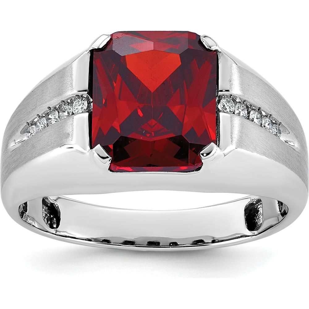 14K White Gold Men's Created Garnet and Diamond Ring - 1/10 Carats Diamond Accents by IBGoodman