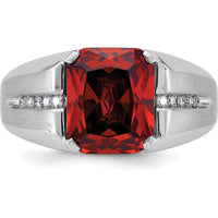 14K White Gold Men's Created Garnet and Diamond Ring - 1/10 Carats Diamond Accents by IBGoodman