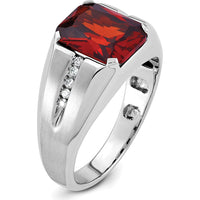 14K White Gold Men's Created Garnet and Diamond Ring - 1/10 Carats Diamond Accents by IBGoodman