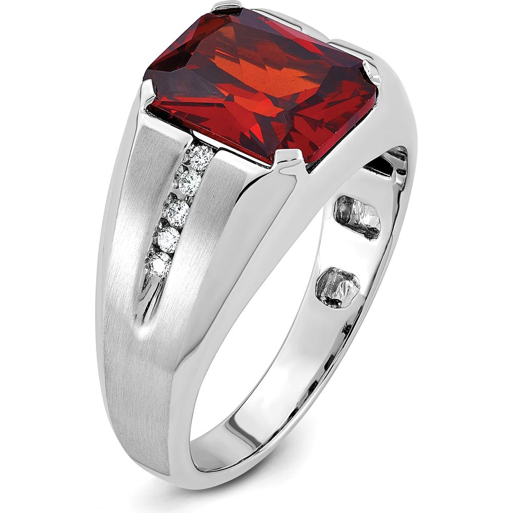 14K White Gold Men's Created Garnet and Diamond Ring - 1/10 Carats Diamond Accents by IBGoodman