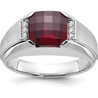 14K White Gold Men's Created Garnet and Diamond Ring with 1/20 Carat Total Diamond Weight by IBGoodman