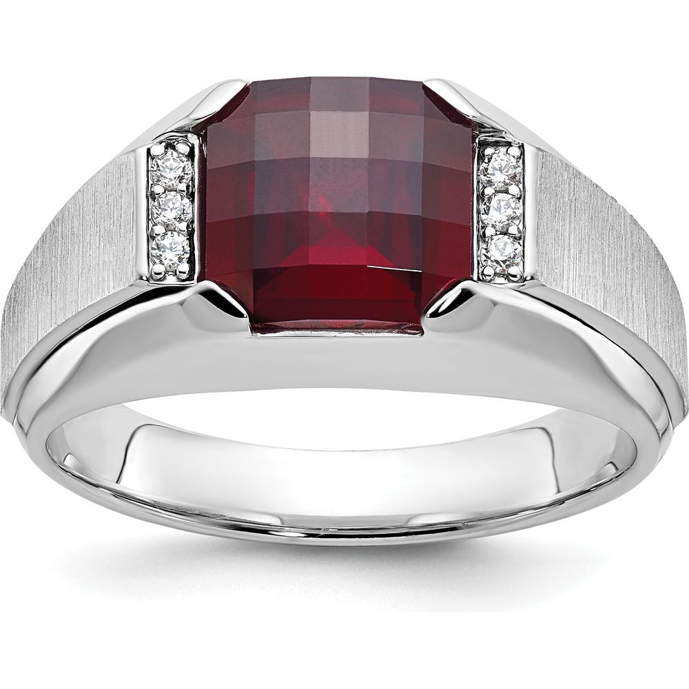 14K White Gold Men's Created Garnet and Diamond Ring with 1/20 Carat Total Diamond Weight by IBGoodman