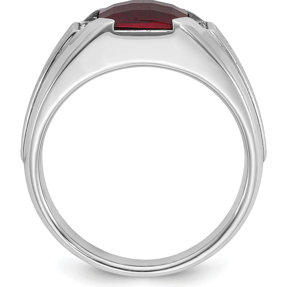 14K White Gold Men's Created Garnet and Diamond Ring with 1/20 Carat Total Diamond Weight by IBGoodman