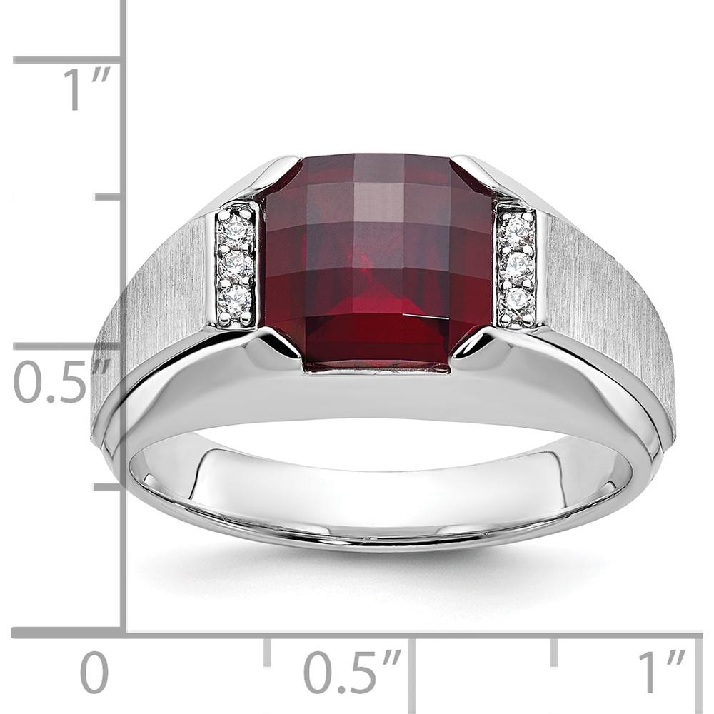 14K White Gold Men's Created Garnet and Diamond Ring with 1/20 Carat Total Diamond Weight by IBGoodman