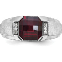 14K White Gold Men's Created Garnet and Diamond Ring with 1/20 Carat Total Diamond Weight by IBGoodman