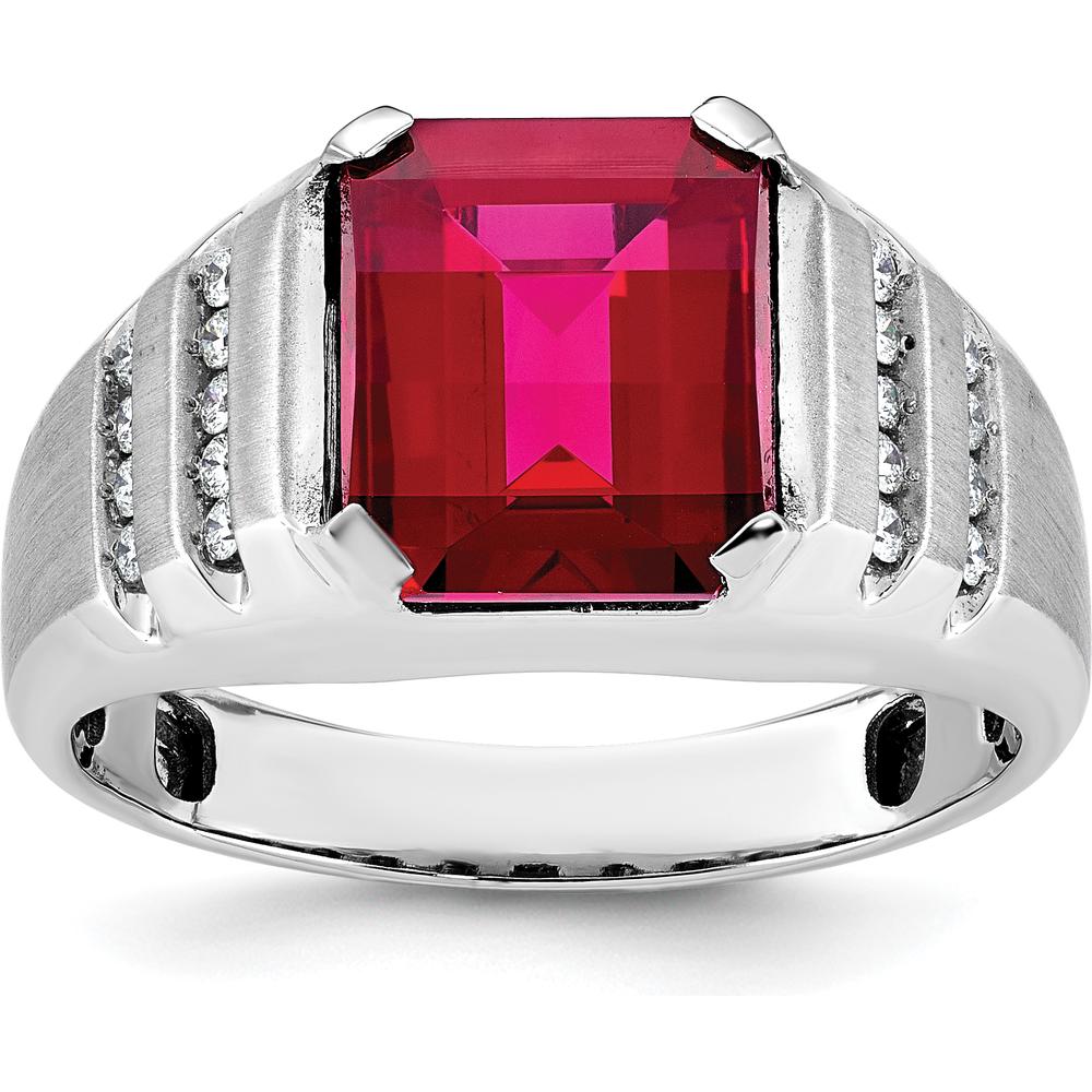 14K White Gold Men's Created Ruby and Diamond Ring with Rhodium Plating - 0.2 Carats Total Diamond Weight by IBGoodman