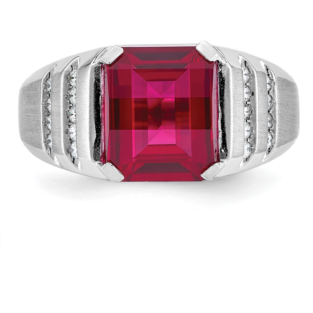 14K White Gold Men's Created Ruby and Diamond Ring with Rhodium Plating - 0.2 Carats Total Diamond Weight by IBGoodman