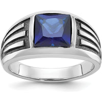14K White Gold Men's Created Sapphire Ring with Black Rhodium - 8mm Princess Cut Square Sapphire by IBGoodman