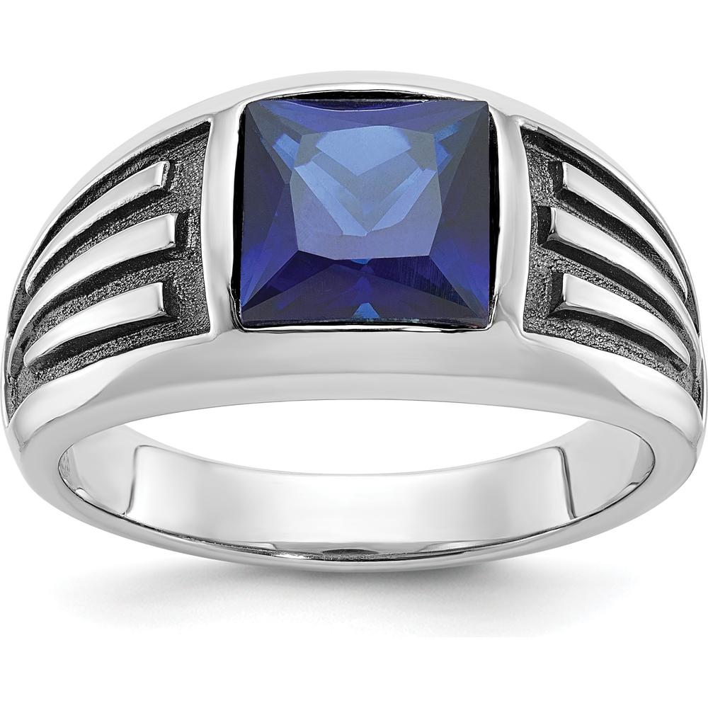 14K White Gold Men's Created Sapphire Ring with Black Rhodium - 8mm Princess Cut Square Sapphire by IBGoodman