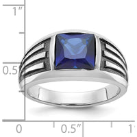 14K White Gold Men's Created Sapphire Ring with Black Rhodium - 8mm Princess Cut Square Sapphire by IBGoodman