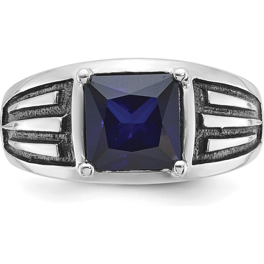 14K White Gold Men's Created Sapphire Ring with Black Rhodium - 8mm Princess Cut Square Sapphire by IBGoodman
