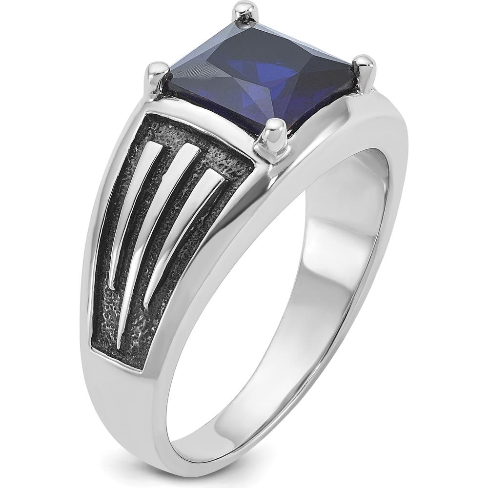 14K White Gold Men's Created Sapphire Ring with Black Rhodium - 8mm Princess Cut Square Sapphire by IBGoodman