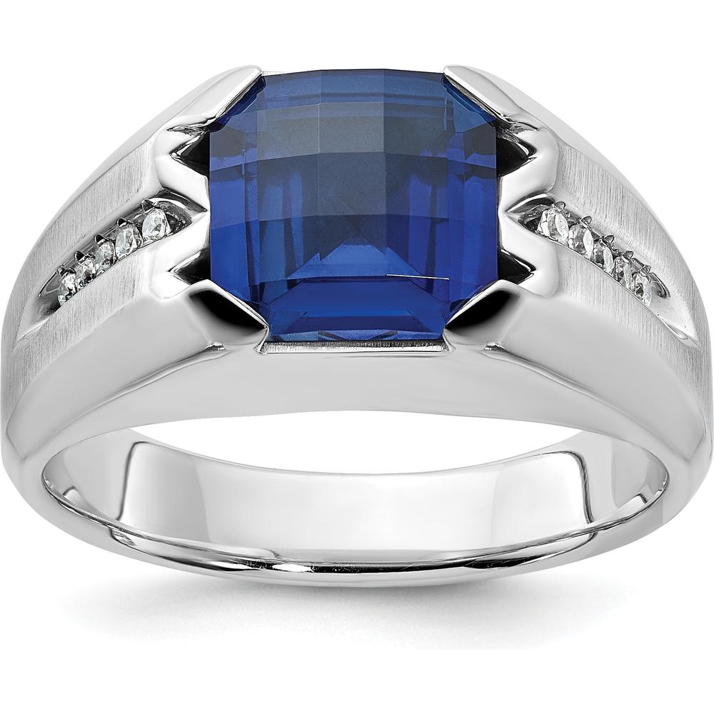 14K White Gold Men's Created Sapphire Ring with Round Diamond Accents - 3.92 Carats Total Sapphire Weight, 1/20 Carats Total Diamond Weight by IBGoodman