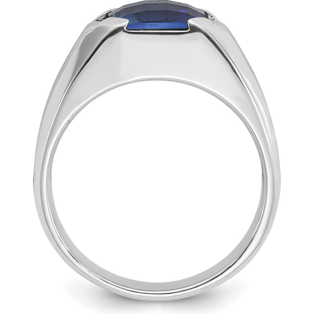 14K White Gold Men's Created Sapphire Ring with Round Diamond Accents - 3.92 Carats Total Sapphire Weight, 1/20 Carats Total Diamond Weight by IBGoodman