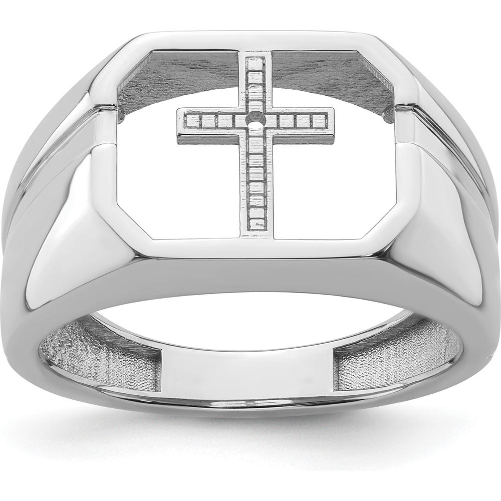 14K White Gold Men's Cross Ring with Polished Rhodium Finish and Tapered Band by Monteluci Fine Jewelry