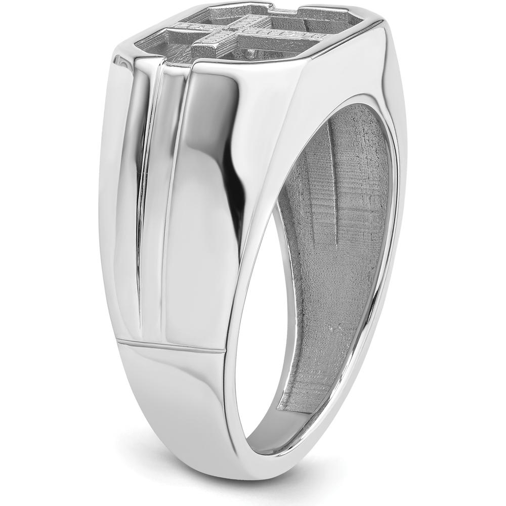 14K White Gold Men's Cross Ring with Polished Rhodium Finish and Tapered Band by Monteluci Fine Jewelry