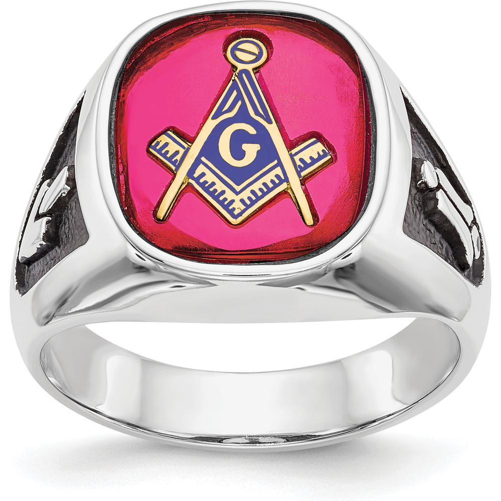 14K White Gold Men's Cushion-Cut Lab-Created Ruby Masonic Ring with Black Enamel Detailing by Monteluci Fine Jewelry