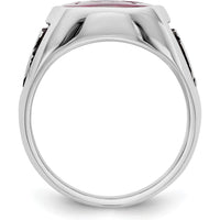 14K White Gold Men's Cushion-Cut Lab-Created Ruby Masonic Ring with Black Enamel Detailing by Monteluci Fine Jewelry