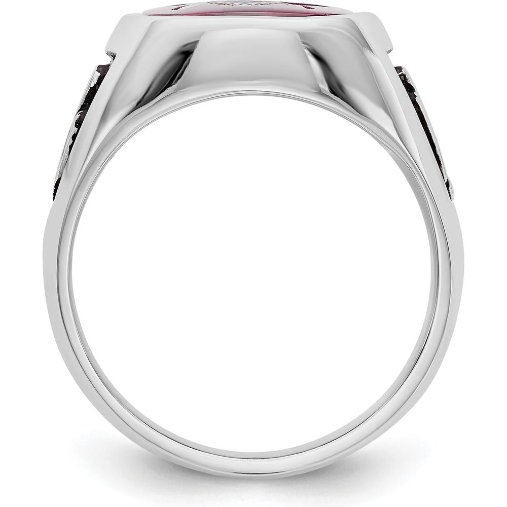 14K White Gold Men's Cushion-Cut Lab-Created Ruby Masonic Ring with Black Enamel Detailing by Monteluci Fine Jewelry