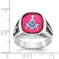 14K White Gold Men's Cushion-Cut Lab-Created Ruby Masonic Ring with Black Enamel Detailing by Monteluci Fine Jewelry