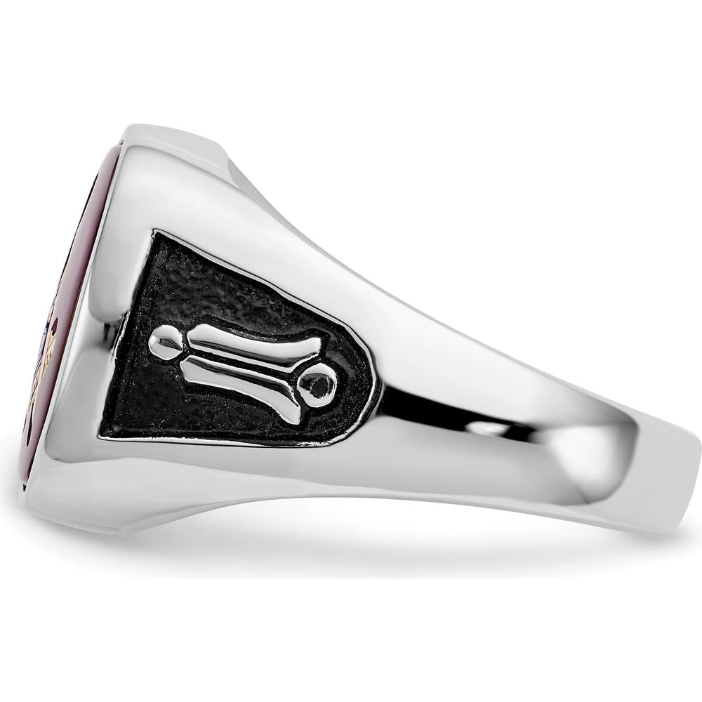 14K White Gold Men's Cushion-Cut Lab-Created Ruby Masonic Ring with Black Enamel Detailing by Monteluci Fine Jewelry