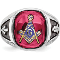 14K White Gold Men's Cushion-Cut Lab-Created Ruby Masonic Ring with Black Enamel Detailing by Monteluci Fine Jewelry