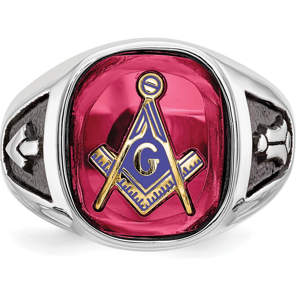14K White Gold Men's Cushion-Cut Lab-Created Ruby Masonic Ring with Black Enamel Detailing by Monteluci Fine Jewelry