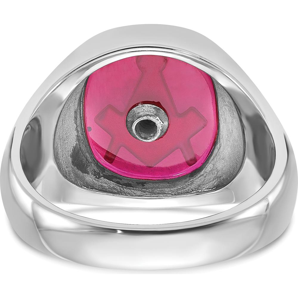 14K White Gold Men's Cushion-Cut Lab-Created Ruby Masonic Ring with Black Enamel Detailing by Monteluci Fine Jewelry