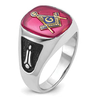 14K White Gold Men's Cushion-Cut Lab-Created Ruby Masonic Ring with Black Enamel Detailing by Monteluci Fine Jewelry