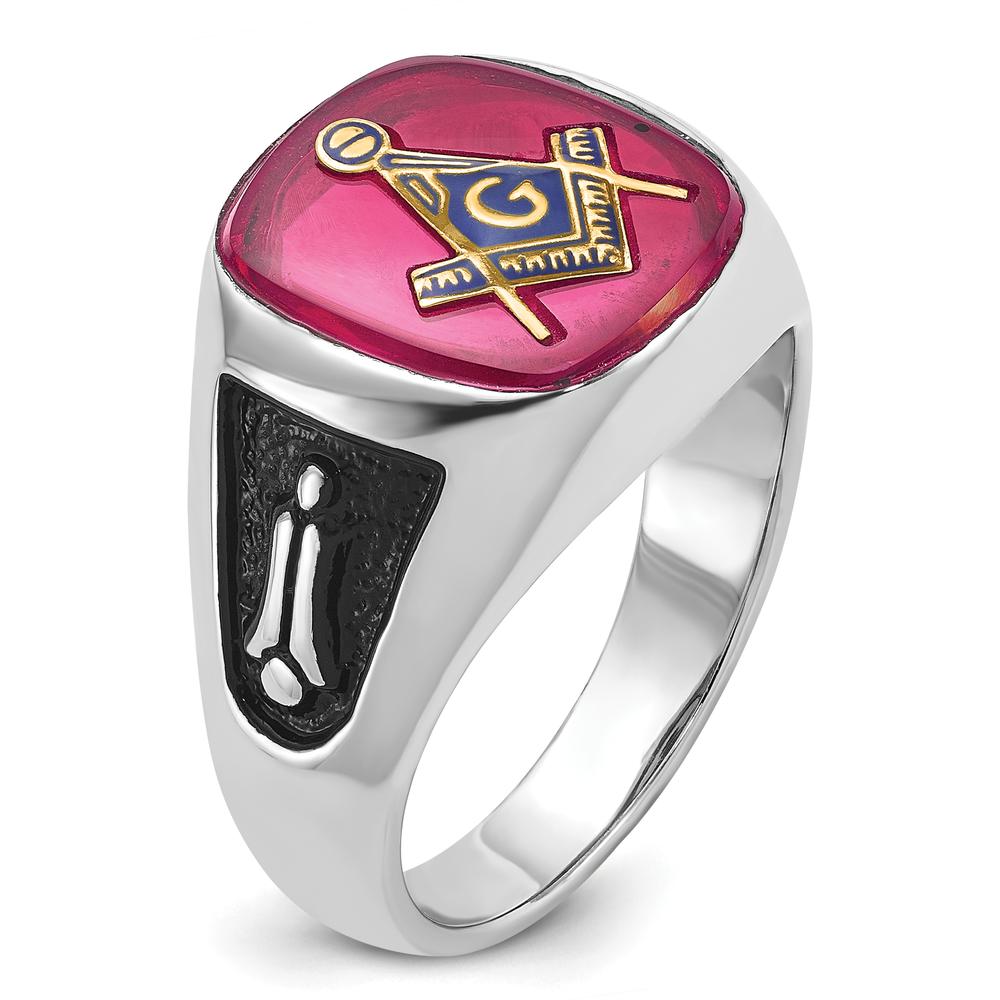 14K White Gold Men's Cushion-Cut Lab-Created Ruby Masonic Ring with Black Enamel Detailing by Monteluci Fine Jewelry