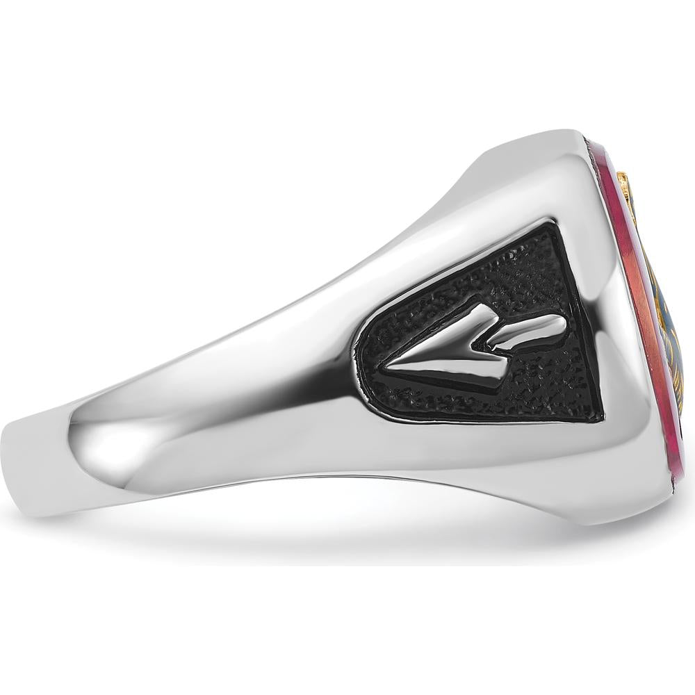 14K White Gold Men's Cushion-Cut Lab-Created Ruby Masonic Ring with Black Enamel Detailing by Monteluci Fine Jewelry