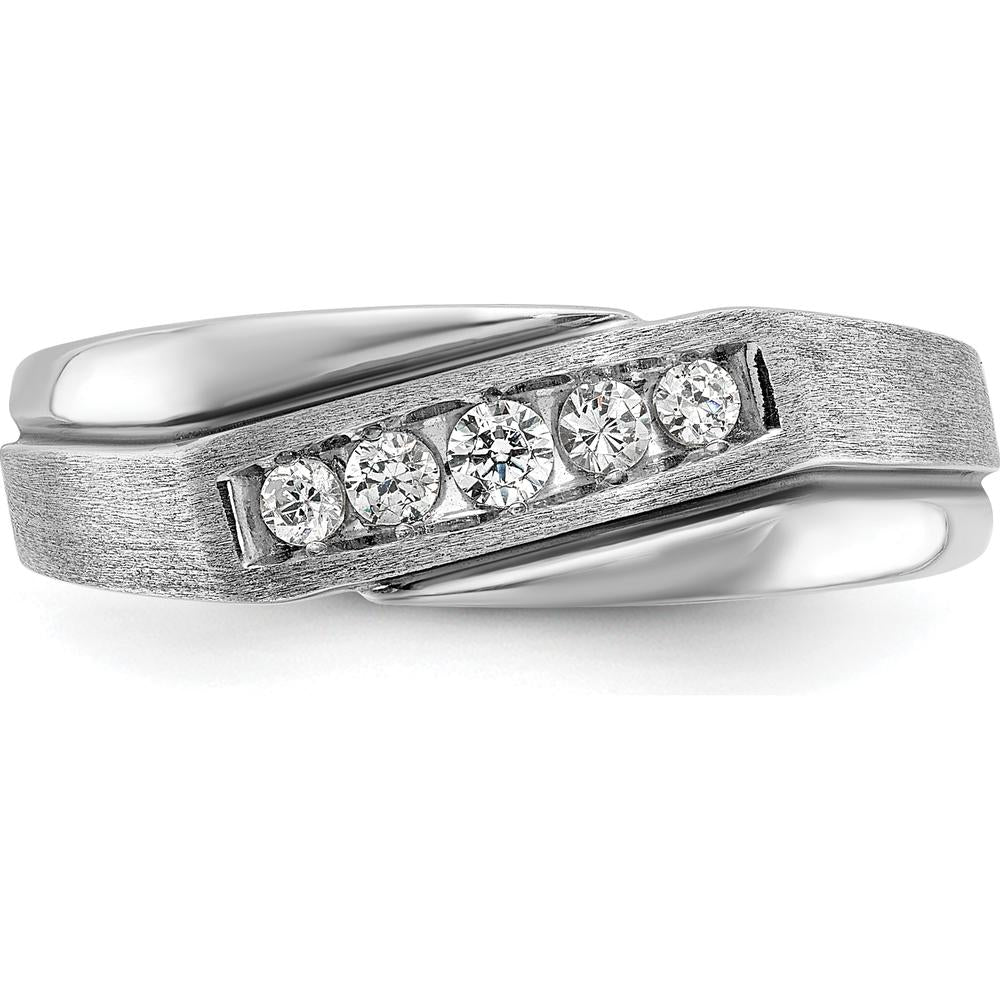 14K White Gold Men's Diamond Band with Polished Satin Finish and Grooved Detail - 1/4 Carat Total Diamond Weight by IBGoodman