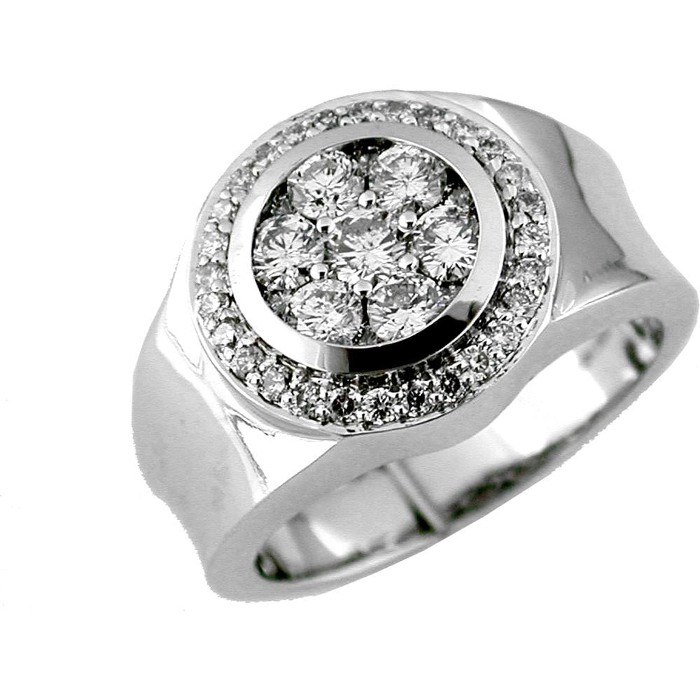 14K White Gold Men's Diamond Halo Ring with 1.50 Carats Round Diamonds