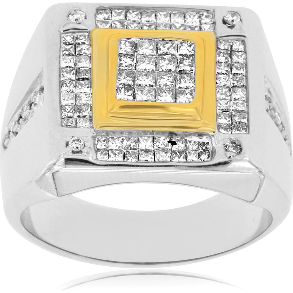 14K White Gold Men's Diamond Ring with Invisible Set Princess Cut Diamonds - 1.00 Carats Total Diamond Weight