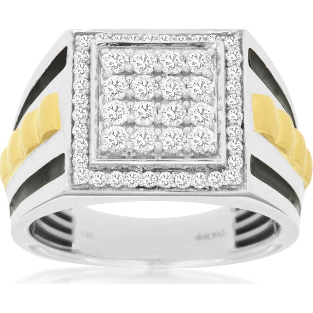 14K White Gold Men's Diamond Ring with Square Cluster and Yellow Gold Accents - 1.00 Carats Total Diamond Weight