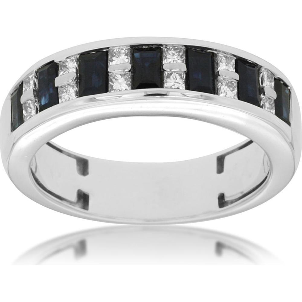 14K White Gold Men's Diamond Sapphire Band with Baguette Sapphires - 1.62 Carats Total Sapphire and Diamond Weight