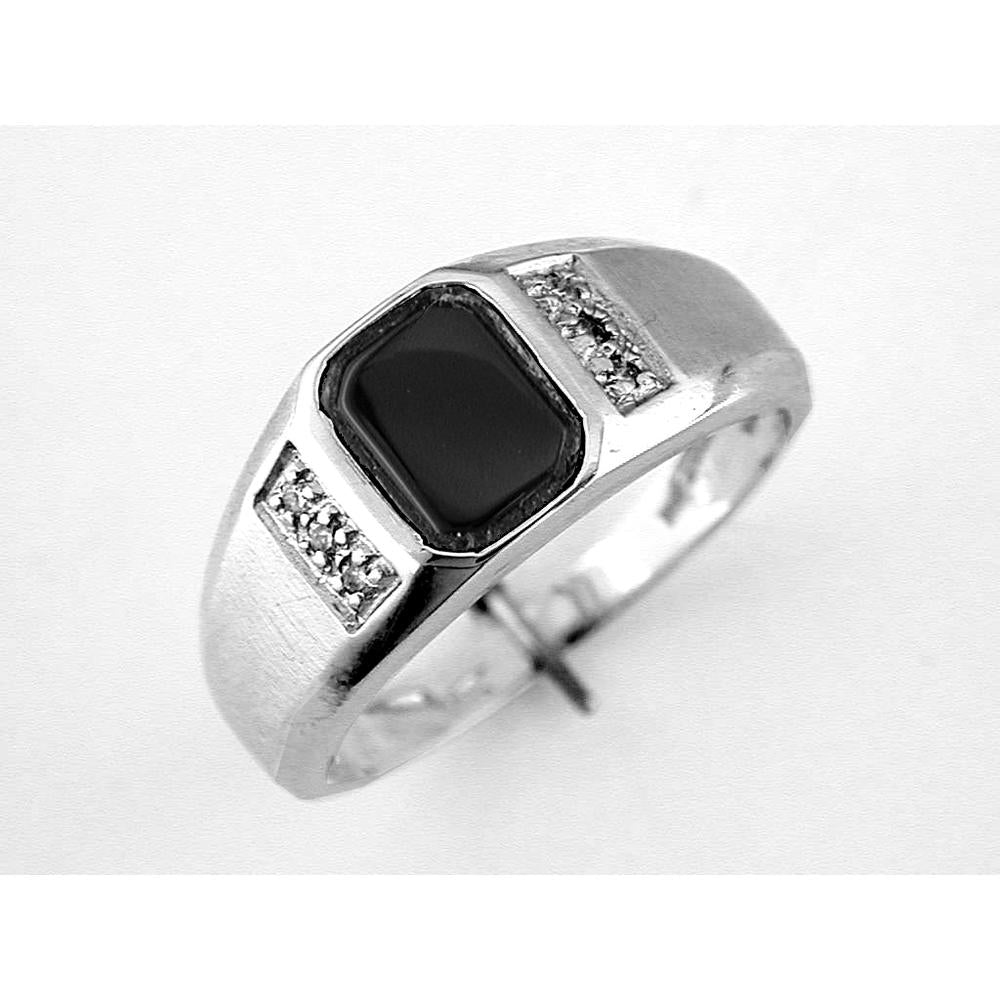 14K White Gold Men's Emerald Cut Onyx Ring with Round Diamond Accents – 0.06 Carat Total Diamond Weight - Royal Jewelry