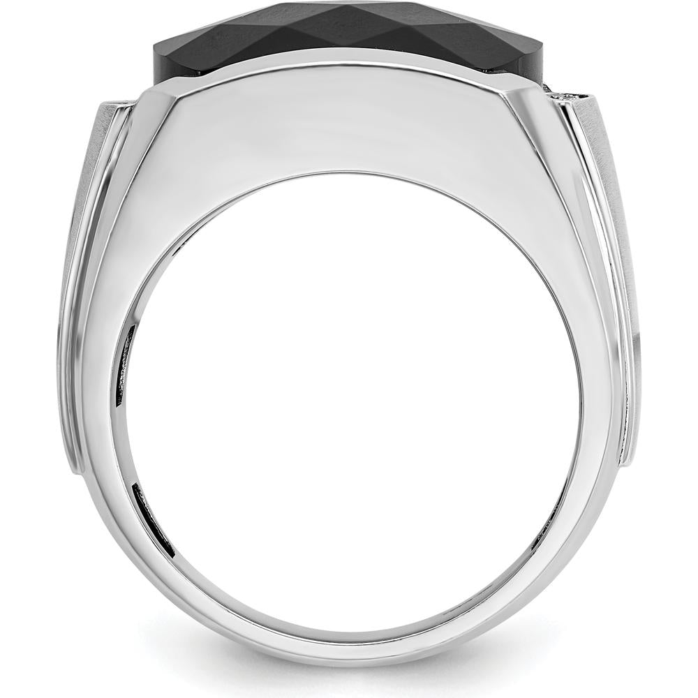 14K White Gold Men's Faceted Onyx and Diamond Ring with Polished and Satin Band - 1/10 Carat Total Diamond Weight by IBGoodman